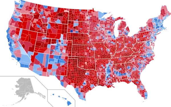 Map of 2020 Red/Blue by County